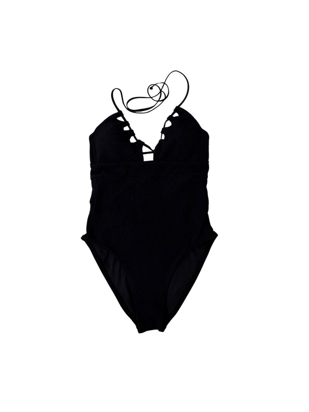 BECCA.Black Textured One Piece Swimsuit Tie Strap Elegant Bathing Suit.